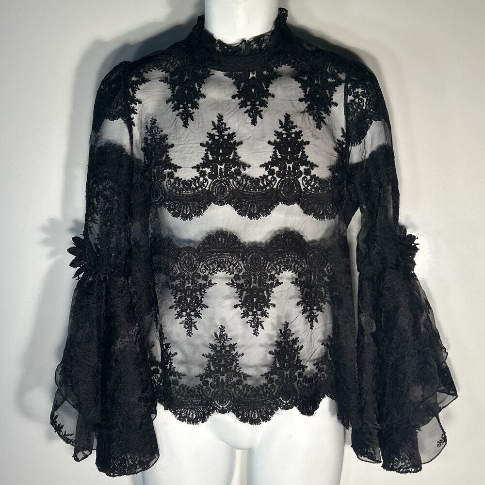 N by Nancy SZS Black Lace Sheer Blouse Boho Dark Romance Feminine Whimsigoth